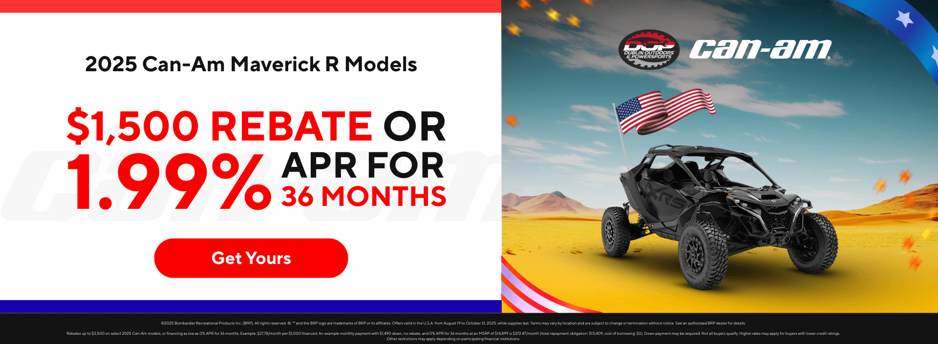 2025 Can-Am Maverick R X RS with 1.99% APR for 36 months at Dublin Outdoors & Powersports