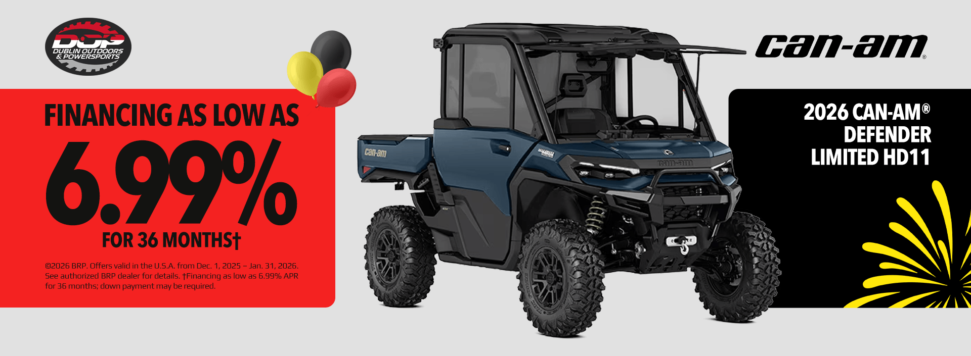 2026 Can-Am Defender Limited HD11 side-by-side with financing at Dublin Outdoors & Powersports.