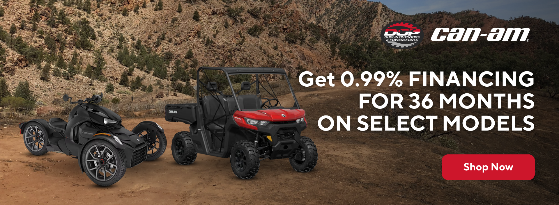 Can-Am three-wheeled motorcycle and side-by-side vehicle on rugged desert terrain with financing offer text.