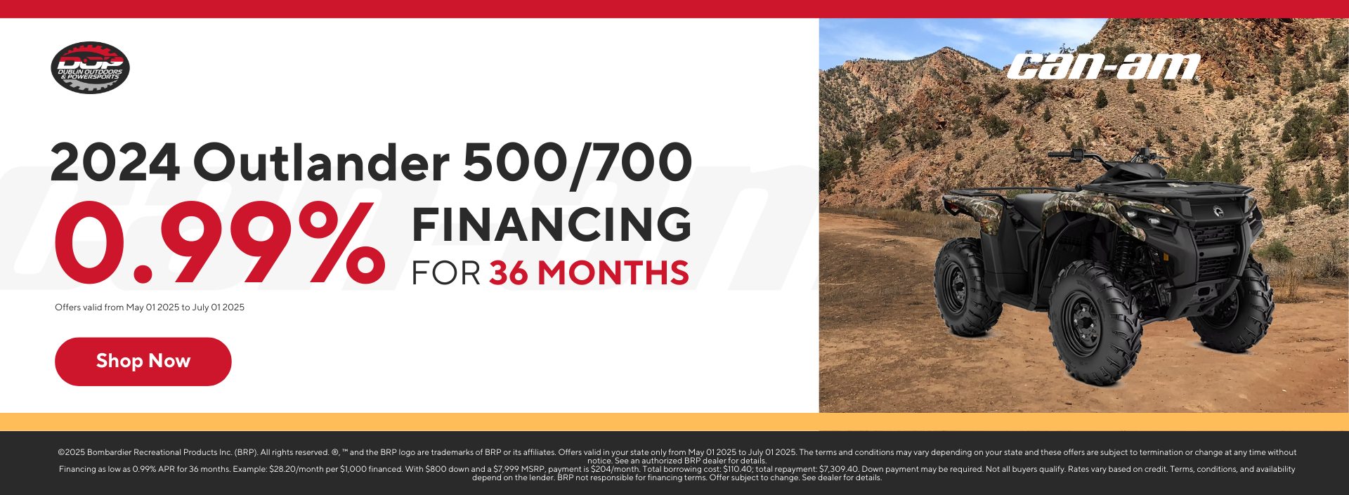 2024 Can-Am Outlander 500/700 ATV shown in camouflage on a dirt trail with 0.99% financing offer.