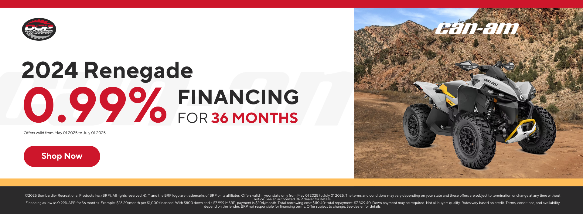 2024 Can-Am Renegade ATV in black and yellow on a rugged mountain path, featured with 0.99% financing offer.