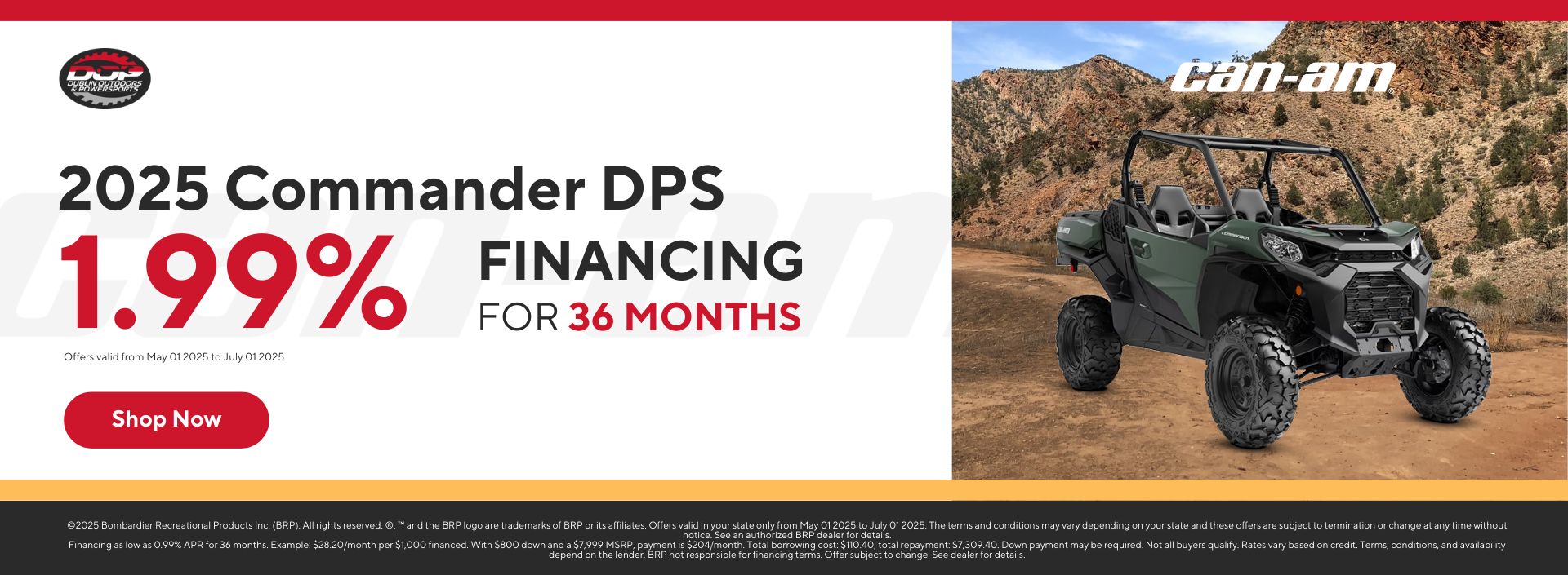 2025 Can-Am Commander DPS in green, featured in desert terrain with special 1.99% financing offer.