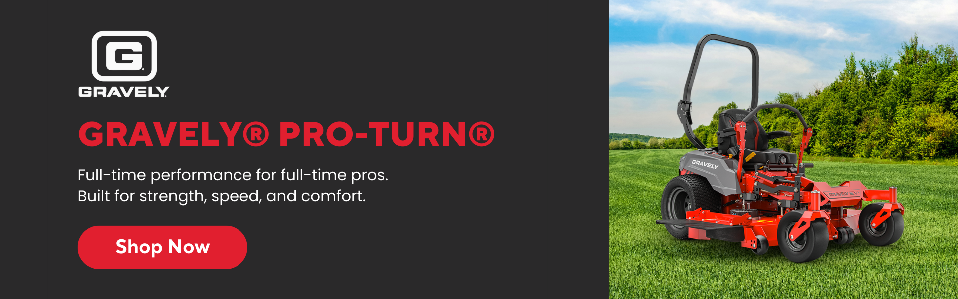 Gravely Pro-Turn zero-turn mower with roll-over protection, shown on a grassy field under a blue sky.