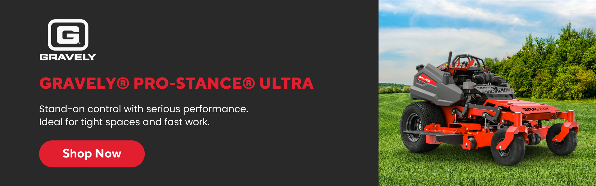 Gravely Pro-Stance Ultra stand-on mower positioned on a lush field with a wooded backdrop.