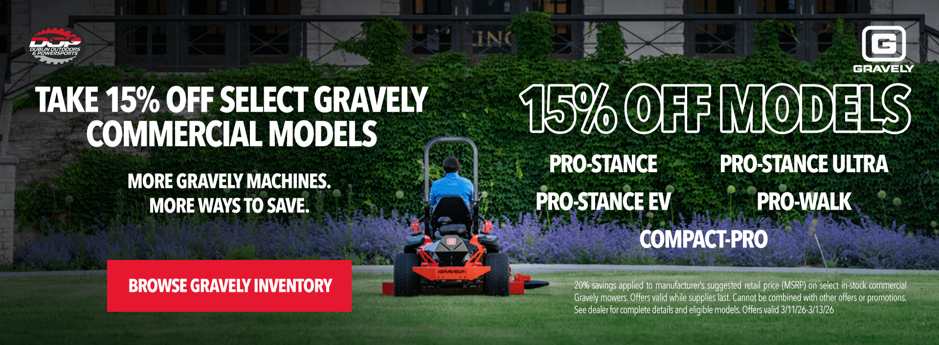 Gravely commercial mower promotion offering 15 percent off select models at Dublin Outdoors.
