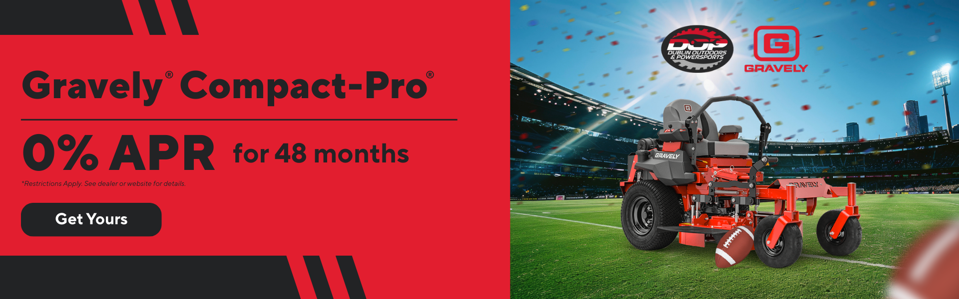 Gravely Compact-Pro mower with 0% APR for 48 months at Dublin Outdoors & Powersports.