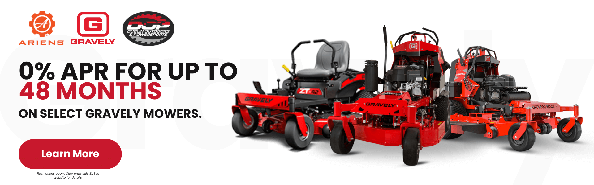 Gravely zero-turn mowers on white background with 0% APR promo text