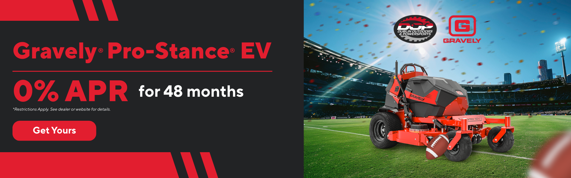 Gravely Pro-Stance EV electric mower with 0% APR for 48 months at Dublin Outdoors & Powersports.