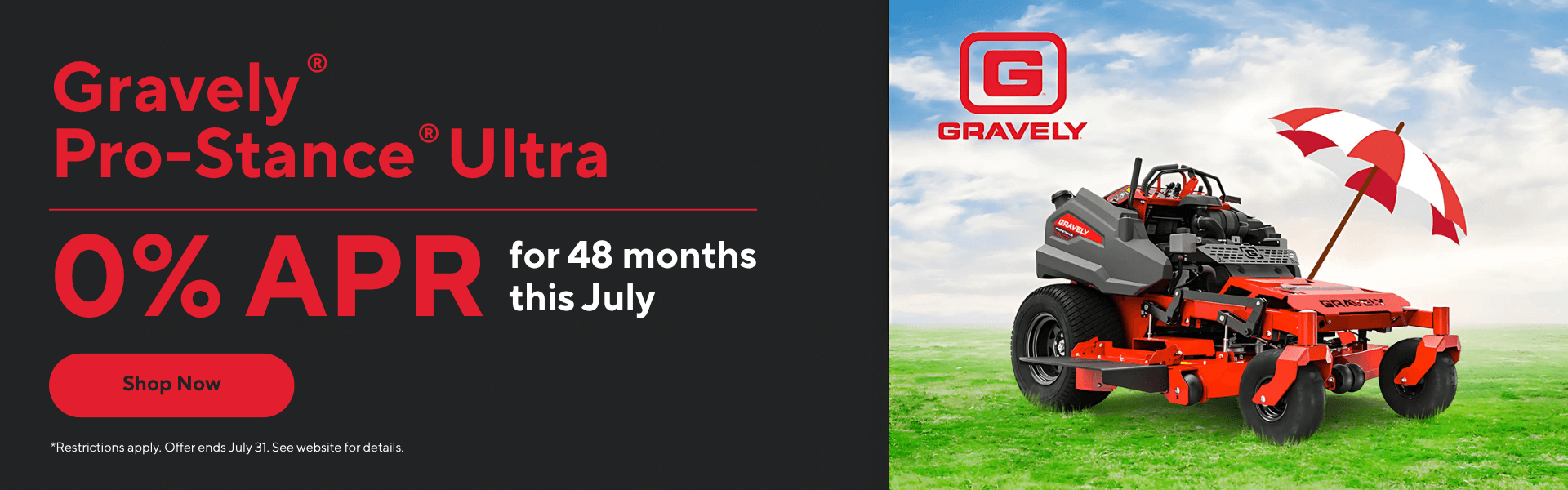 Gravely Pro-Stance Ultra mower with red umbrella on grassy field
