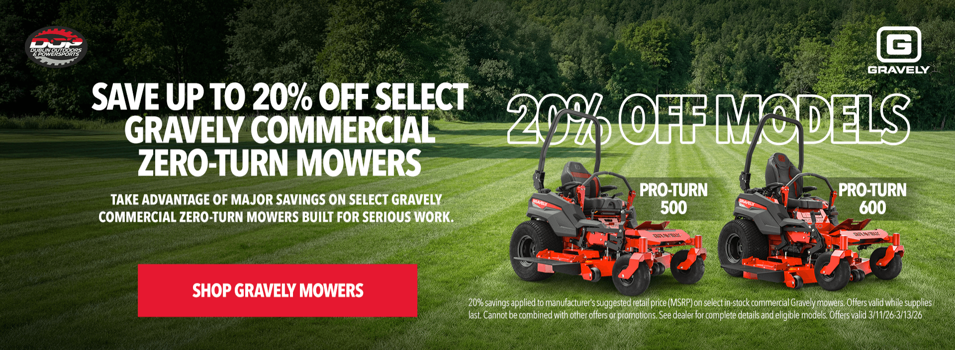 Gravely Pro-Turn 500 and Pro-Turn 600 commercial zero-turn mowers on sale at Dublin Outdoors.