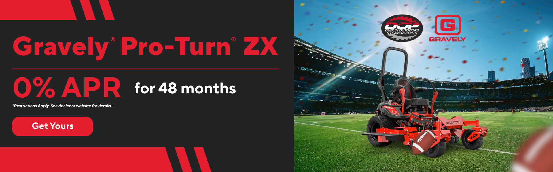 Gravely Pro-Turn ZX zero-turn mower with 0% APR for 48 months at Dublin Outdoors & Powersports.