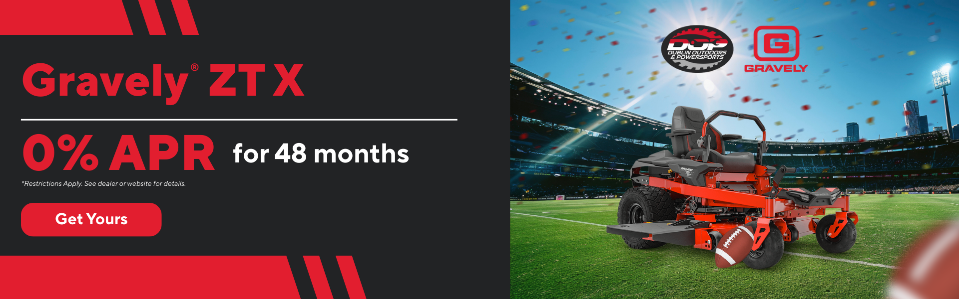Gravely ZTX mower on football field background with 0% APR for 48 months at Dublin Outdoors & Powers…
